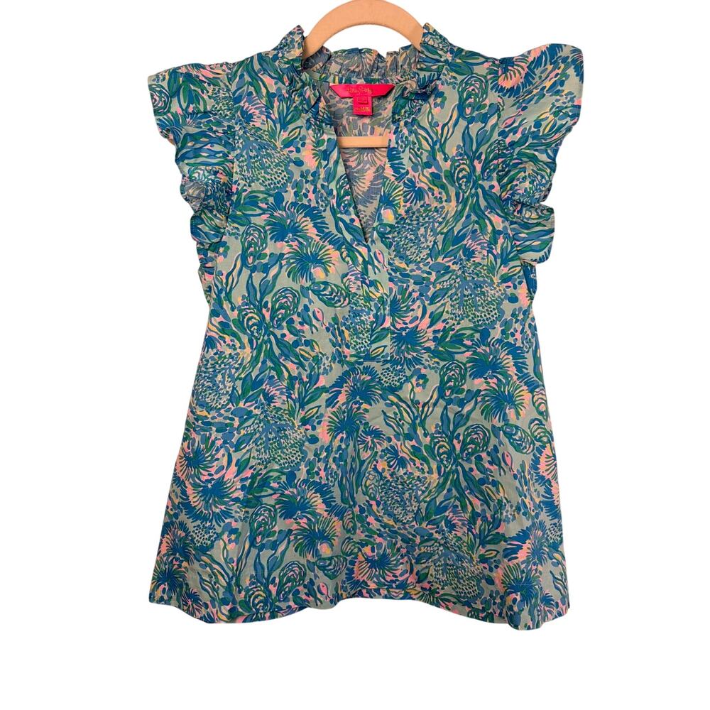 Lilly Pulitzer 100% Cotton Klaudie Ruffle Coral Top Flutter Sleeves | Size XS